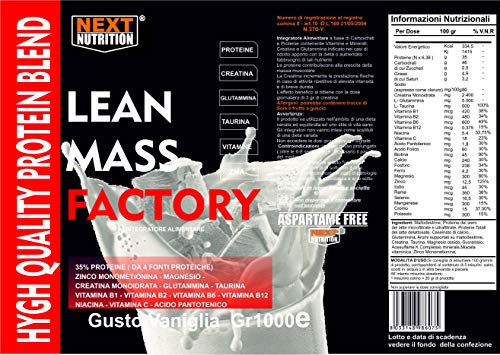 Proteína Aumento de Peso Recuperación Masa muscular Gainer Lean Mass Factory PROTEIN G 1000 Vainilla Liberación Lenta Creatina Glutamina Taurina ZMA Vitaminas Sin Gluten de Aspartamo