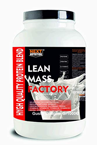 Proteína Aumento de Peso Recuperación Masa muscular Gainer Lean Mass Factory PROTEIN G 1000 Vainilla Liberación Lenta Creatina Glutamina Taurina ZMA Vitaminas Sin Gluten de Aspartamo