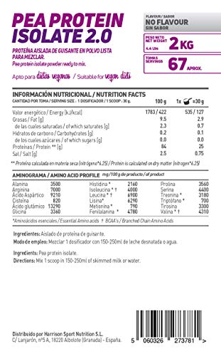 Proteína de Guisante Aislada de HSN | Vegan Protein | Pea Protein Isolate | Edulcorada con Estevia | Vegano, Sin Lactosa, Sin Gluten, Sin Azúcar, Sin Soja, En Polvo, Sabor Neutro, 2 Kg