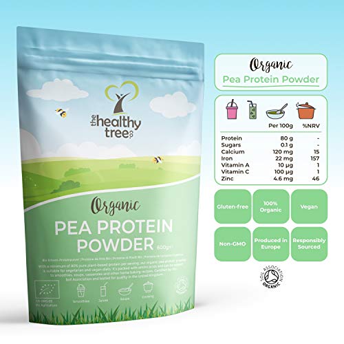 Proteína de Guisante Orgánico en Polvo de TheHealthyTree Company - 80% Europeo + Proteína Vegana, Alta en Aminoácidos, Hierro, Zinc y BCAA (600 g)