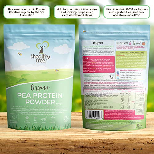 Proteína de Guisante Orgánico en Polvo de TheHealthyTree Company - 80% Europeo + Proteína Vegana, Alta en Aminoácidos, Hierro, Zinc y BCAA (600 g)