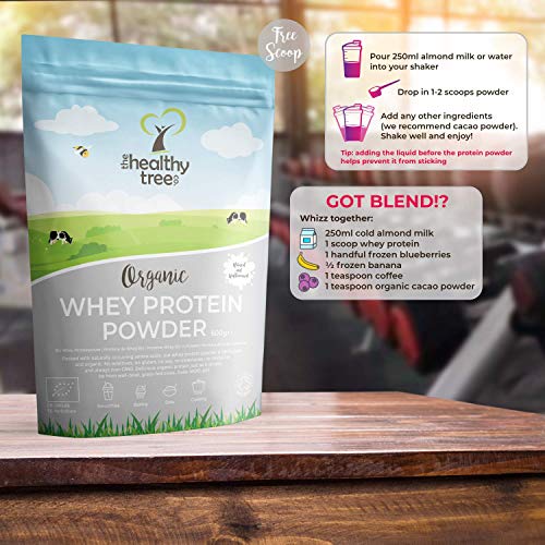 Proteína de Suero de Leche Orgánico en Polvo (600 g) - Sin Sabor y Alto en BCAA con 15g Cucharada Gratis - 80% Proteína Whey Pura de Vacas Alimentadas por Hierba de TheHealthyTree Company