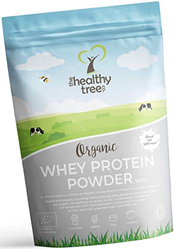 Proteína de Suero de Leche Orgánico en Polvo (600 g) - Sin Sabor y Alto en BCAA con 15g Cucharada Gratis - 80% Proteína Whey Pura de Vacas Alimentadas por Hierba de TheHealthyTree Company