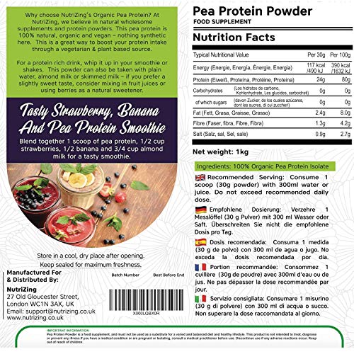 Proteína en Polvo Orgánica de Guisante sin Sabor NutriZing - 80% Proteína - Más de 30 raciones - Lo mejor para vegetarianos y veganos - Libre de Soya y Gluten - bolsa de 1kg Proteína en Polvo Orgánica de Guisante sin Sabor NutriZing - 80% Proteína - Más de 30 raciones - Lo mejor para vegetarianos y veganos - Libre de Soya y Gluten - bolsa de 1kg