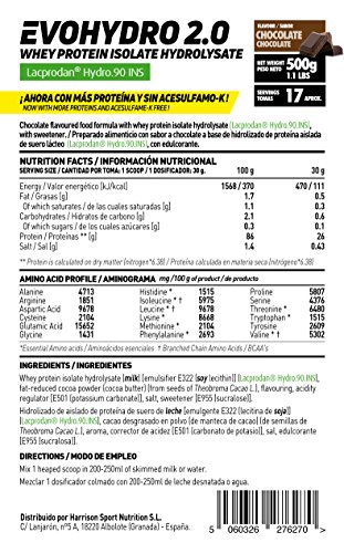 Proteína Hidrolizada de Suero de HSN Evohydro 2.0 | Hydro Whey | A partir de Whey Protein Isolate | Rica en BCAAs y Glutamina | Proteína Vegetariana, Sin Gluten, Sin Lactosa, Sabor Chocolate, 500g