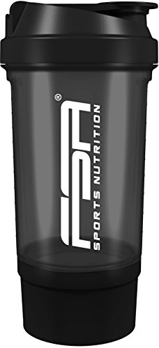 Proteína Shaker de 500 ml, con compartimento para los polvos de 100 ml, con tamiz, Botella Mezcladora, a prueba de fugas, BPA libre, FSA Nutrition - Negro