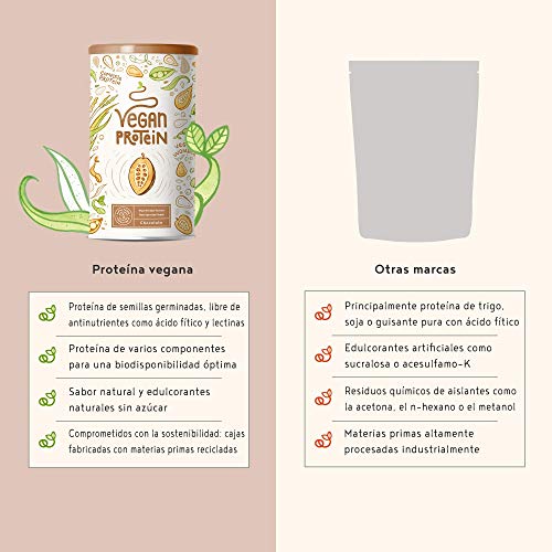 Proteina Vegana | CHOCOLATE | Proteína vegetal de soja, arroz, guisantes, amaranto, semillas de lino de girasol y de calabaza germinadas | 600 g en polvo con sabor a Chocolate natural