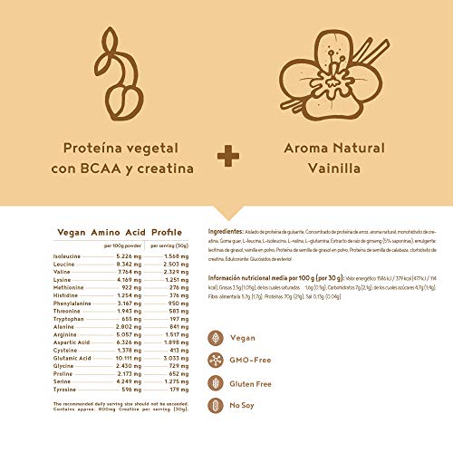 Proteina Vegana Musculos | VAINILLA | Proteína vegetal de semillas germinadas | Enriquecida con BCAA y creatina | 600 g en polvo