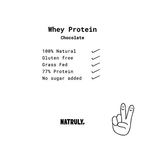 Proteína Whey Chocolate NATRULY 70% Proteína de Suero de Leche de Vacas de Pastoreo Sin Azúcar, 100% Natural, Sin Gluten –350g