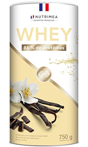 Proteína Whey en Polvo - Suero de leche - Para Entrenar, el Crecimiento Muscular, el Rendimiento, la Recuperación - Sabor a Vainilla - 26 g de proteína por porción - Nutrimea - Fabricado en Francia