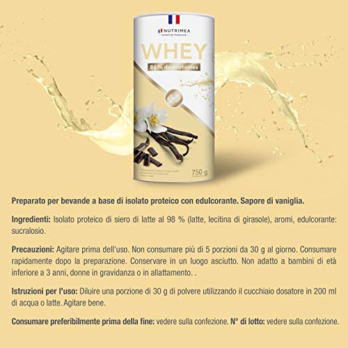 Proteína Whey en Polvo - Suero de leche - Para Entrenar, el Crecimiento Muscular, el Rendimiento, la Recuperación - Sabor a Vainilla - 26 g de proteína por porción - Nutrimea - Fabricado en Francia