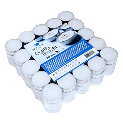 Provantis Velas de Té Tealights - 38 mm - Paquete de 100 piezas - 4 horas de tiempo de combustión - Color Blanco - Cera sin, Larga duración, Calidad de la UE