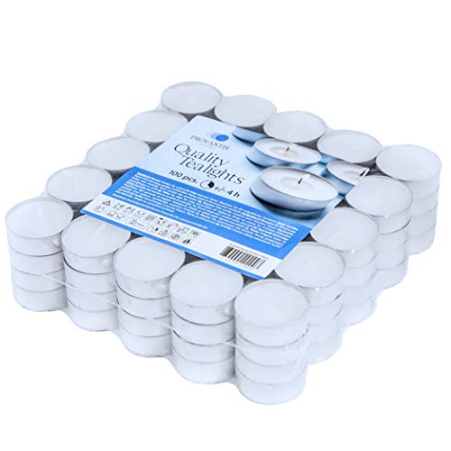 Provantis Velas de Té Tealights - 38 mm - Paquete de 100 piezas - 4 horas de tiempo de combustión - Color Blanco - Cera sin, Larga duración, Calidad de la UE