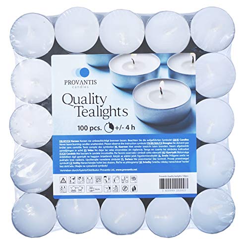 Provantis Velas de Té Tealights - 38 mm - Paquete de 100 piezas - 4 horas de tiempo de combustión - Color Blanco - Cera sin, Larga duración, Calidad de la UE