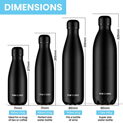 Proworks Botellas de Agua Deportiva de Acero Inoxidable | Cantimplora Termo con Doble Aislamiento para 12 Horas de Bebida Caliente y 24 Horas de Bebida Fría - Libre de BPA - 1L - Todo Negro Proworks Botellas de Agua Deportiva de Acero Inoxidable | Cantimplora Termo con Doble Aislamiento para 12 Horas de Bebida Caliente y 24 Horas de Bebida Fría - Libre de BPA - 1L - Todo Negro
