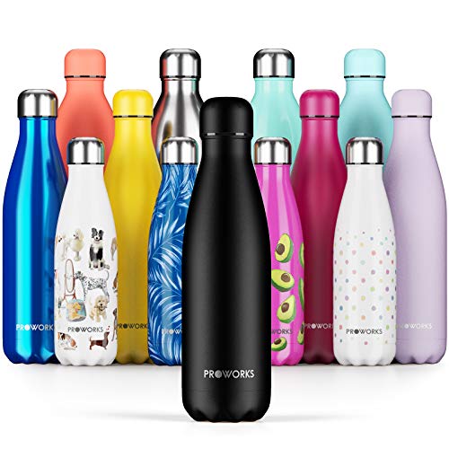 Proworks Botellas de Agua Deportiva de Acero Inoxidable | Cantimplora Termo con Doble Aislamiento para 12 Horas de Bebida Caliente y 24 Horas de Bebida Fría - Libre de BPA - 1L - Todo Negro