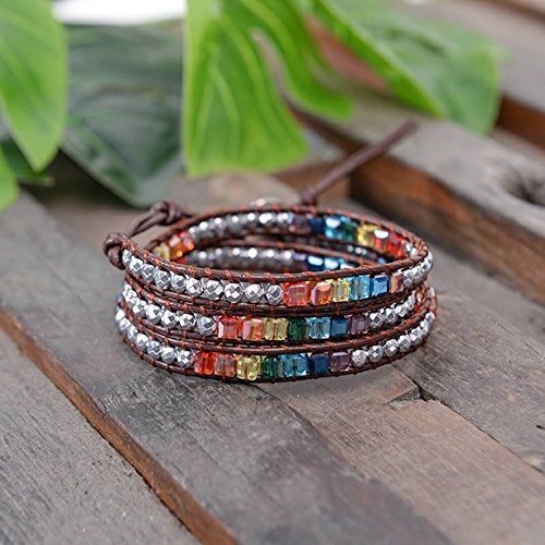 Pulsera de Chakra Pulsera de cuero hecha a mano Pulsera de múltiples colores Cuentas de cristal de repuesto Pulsera de piedra natural