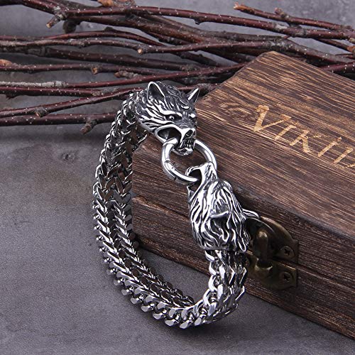 Pulsera de Doble Cabeza Lobo Vikingo Acero Inoxidable para Hombre, Brazalete de Cadena con Eslabones Acero Inoxidable para Trabajo Pesado Joyería Amuleto Vintage Pagano,23CM