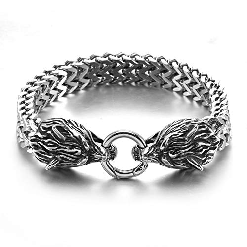 Pulsera de Doble Cabeza Lobo Vikingo Acero Inoxidable para Hombre, Brazalete de Cadena con Eslabones Acero Inoxidable para Trabajo Pesado Joyería Amuleto Vintage Pagano,23CM