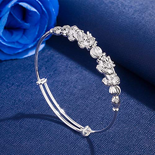 Pulsera Feng Shui Pi Xiu, Pulseras De Brazalete Expandibles De Riqueza De La Suerte Pi Yao para Amuleto De Joyería para Damas De Honor De Novia,Plata