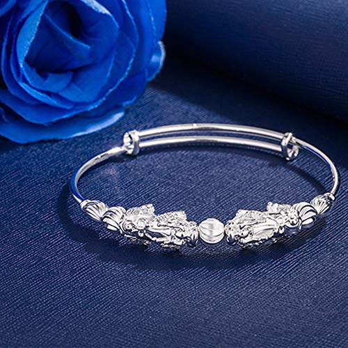 Pulsera Feng Shui Pi Xiu, Pulseras De Brazalete Expandibles De Riqueza De La Suerte Pi Yao para Amuleto De Joyería para Damas De Honor De Novia,Plata