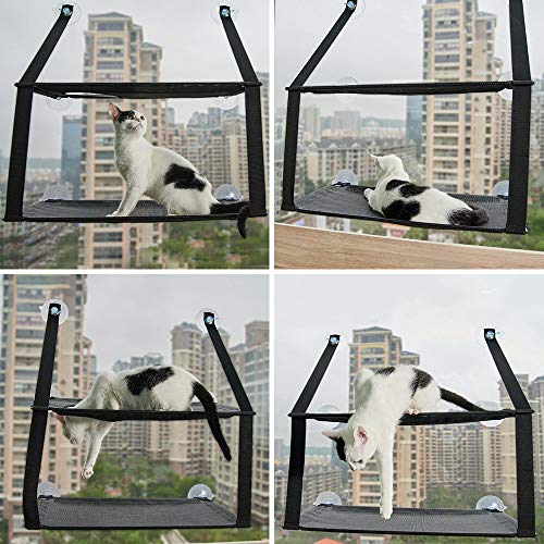 PUPPY KITTY Hamaca para Ventana de Gato Cama Colgante de 6 Ventosas Resistentes para 2 Gatos Capacidad de hasta 15 kg Ahorro de Espacio Negra