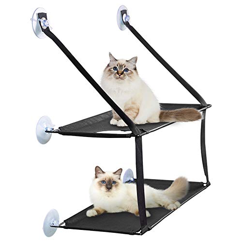 PUPPY KITTY Hamaca para Ventana de Gato Cama Colgante de 6 Ventosas Resistentes para 2 Gatos Capacidad de hasta 15 kg Ahorro de Espacio Negra