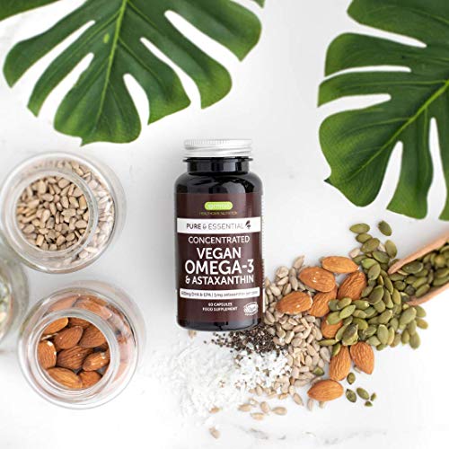 Pure & Essential Omega-3 Vegano, 1340 mg de Aceite de Algas (DHA + EPA 600 mg) y Astaxantina, 60 cápsulas Pure & Essential Omega-3 Vegano, 1340 mg de Aceite de Algas (DHA + EPA 600 mg) y Astaxantina, 60 cápsulas