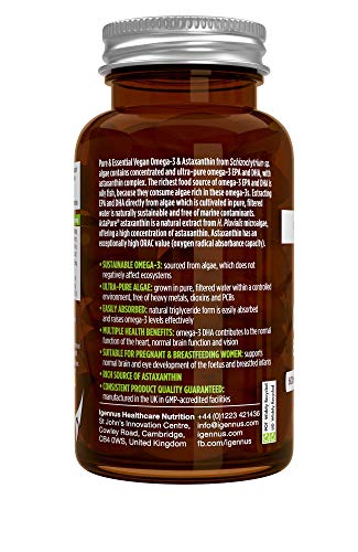 Pure & Essential Omega-3 Vegano, 1340 mg de Aceite de Algas (DHA + EPA 600 mg) y Astaxantina, 60 cápsulas