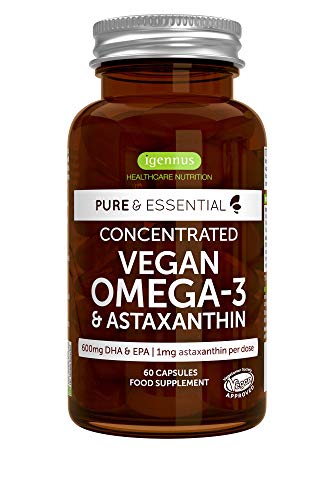 Pure & Essential Omega-3 Vegano, 1340 mg de Aceite de Algas (DHA + EPA 600 mg) y Astaxantina, 60 cápsulas