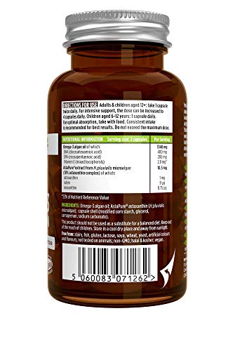 Pure & Essential Omega-3 Vegano, 1340 mg de Aceite de Algas (DHA + EPA 600 mg) y Astaxantina, 60 cápsulas Pure & Essential Omega-3 Vegano, 1340 mg de Aceite de Algas (DHA + EPA 600 mg) y Astaxantina, 60 cápsulas