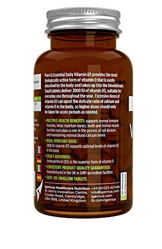 Pure & Essential Vitamina D3 Diaria, colecalciferol 2000 UI, suministro diario para un año, 365 comprimidos