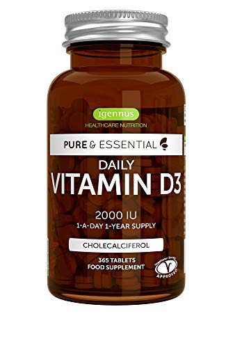 Pure & Essential Vitamina D3 Diaria, colecalciferol 2000 UI, suministro diario para un año, 365 comprimidos