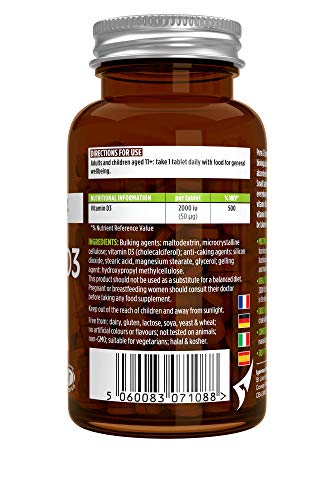 Pure & Essential Vitamina D3 Diaria, colecalciferol 2000 UI, suministro diario para un año, 365 comprimidos