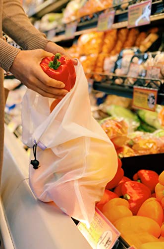 Purifyou - Bolsas de malla reutilizables con costuras dobles, resistentes, con etiquetas que indican el peso y en varios tamaños y diferentes cantidades Purifyou - Bolsas de malla reutilizables con costuras dobles, resistentes, con etiquetas que indican el peso y en varios tamaños y diferentes cantidades