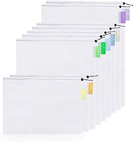 Purifyou - Bolsas de malla reutilizables con costuras dobles, resistentes, con etiquetas que indican el peso y en varios tamaños y diferentes cantidades Purifyou - Bolsas de malla reutilizables con costuras dobles, resistentes, con etiquetas que indican el peso y en varios tamaños y diferentes cantidades