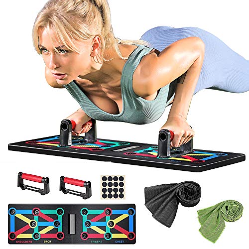 Push Up Rack Board, 9 en 1 Plegable Push Up Training System, codificado por colores, Body Building Stands Board, con 2 toallas absorbentes de sudor, ejercicio hombro espalda tríceps músculos del pecho