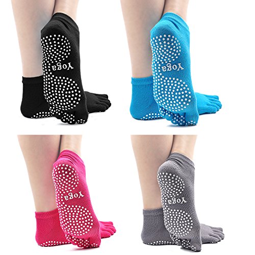 PUTUO Mujer Calcetines Pilates Yoga Antideslizantes, Mujer Cinco Calcetines de los Dedos para Pilates Yoga Danza Gimnasio Deportes Artes Marciales, 4 pares