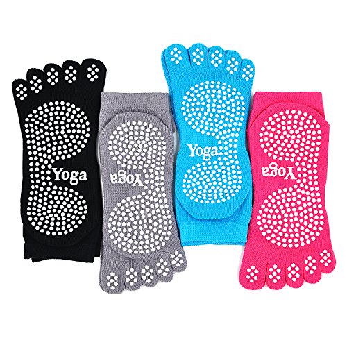 PUTUO Mujer Calcetines Pilates Yoga Antideslizantes, Mujer Cinco Calcetines de los Dedos para Pilates Yoga Danza Gimnasio Deportes Artes Marciales, 4 pares