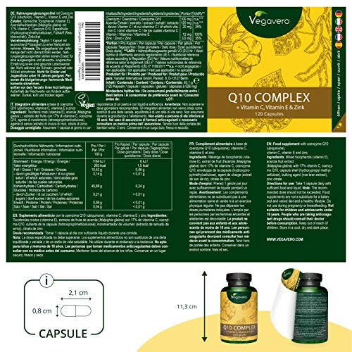 Q10 Coenzima Complex Vegavero® | Ubiquinol Natural 100 mg | Vitamina C & Zinc | Con Acerola + Vitamina E (Tocoferol) | Antioxidante + Antiedad | Sin Aditivos | 120 Cápsulas