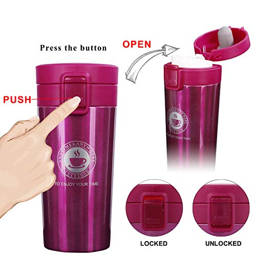 QIMEI-SHOP Termo,Termo de Café Matraz de Acero Inoxidable Aislado Diseño a Prueba de Fugas para Bebidas Frías y Calientes Bebidas té Café Agua 380ML Rosa roja