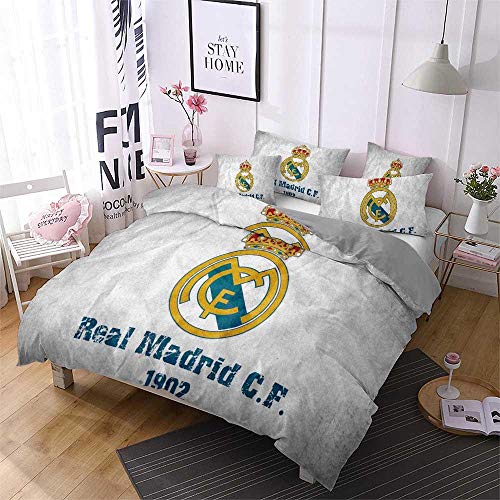 Qingxsm Juego de Ropa de Cama 3 Piezas 135 x 200 cm Microfibra Funda nórdica con 2 Fundas de Almohada 50 x 75 cm con Cremallera Juegos de Cama con impresión Digital 3D - casa Real Madrid