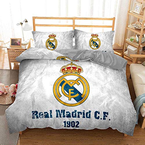 Qingxsm Juego de Ropa de Cama 3 Piezas 135 x 200 cm Microfibra Funda nórdica con 2 Fundas de Almohada 50 x 75 cm con Cremallera Juegos de Cama con impresión Digital 3D - casa Real Madrid