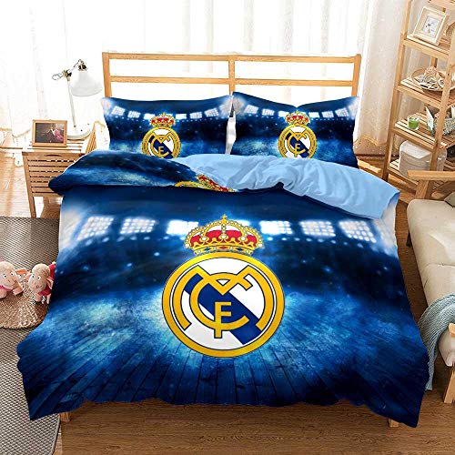 Qingxsm Juego de Ropa de Cama 3 Piezas 200 x 200 cm Microfibra Funda nórdica con 2 Fundas de Almohada 50 x 75 cm con Cremallera Juegos de Cama con impresión Digital 3D - casa Real Madrid