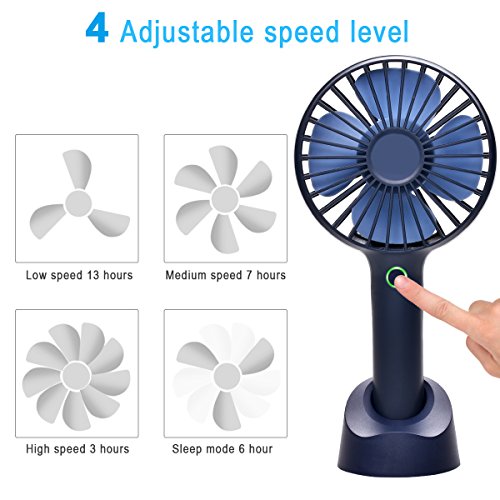 QINUKER Mini Ventilador de Mano portátil USB Recargable con Pilas Ventilador de Mano con Base, batería 2500mAh, 4 Modos para el hogar, Oficina, Dormitorio y Viajes al Aire Libre (Azul)