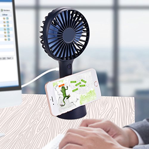 QINUKER Mini Ventilador de Mano portátil USB Recargable con Pilas Ventilador de Mano con Base, batería 2500mAh, 4 Modos para el hogar, Oficina, Dormitorio y Viajes al Aire Libre (Azul)