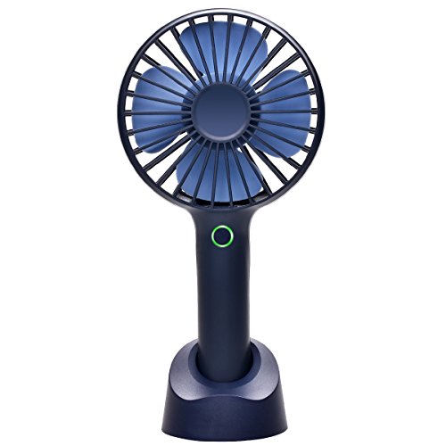 QINUKER Mini Ventilador de Mano portátil USB Recargable con Pilas Ventilador de Mano con Base, batería 2500mAh, 4 Modos para el hogar, Oficina, Dormitorio y Viajes al Aire Libre (Azul)