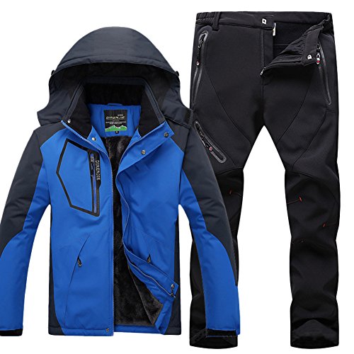 Qitun Hombre de Trekking Impermeable Deportivos Transpirable Pantalones Chaqueta de Esquí Impermeable Chaqueta de Nieve Excursionismo Conjunto CaiAzul B L