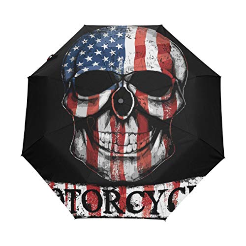 QMIN Paraguas plegable automático, diseño de calavera americana, resistente al viento, protección UV, para viajes, compacto, para mujeres, hombres y niñas QMIN Paraguas plegable automático, diseño de calavera americana, resistente al viento, protección UV, para viajes, compacto, para mujeres, hombres y niñas