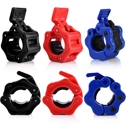 QUACOWW Juego de 6 abrazaderas de barra antideslizantes olímpicas de liberación rápida para levantamiento de pesas (negro, rojo, azul)